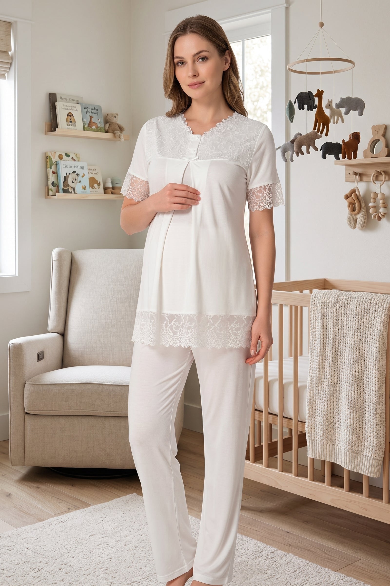 Lace Trim Maternity & Nursing Pajama Set Ecru - 5042