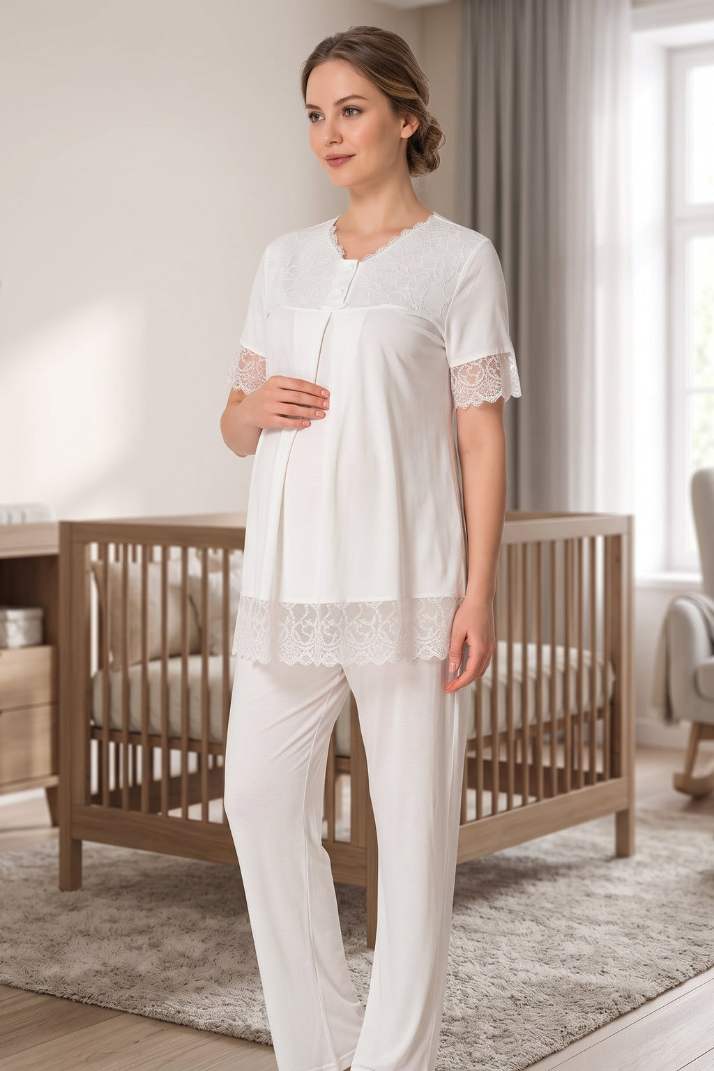 Lace Trim Maternity & Nursing Pajama Set Ecru - 5042