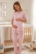 Lace Trim Maternity & Nursing Pajama Set Pink - 5042