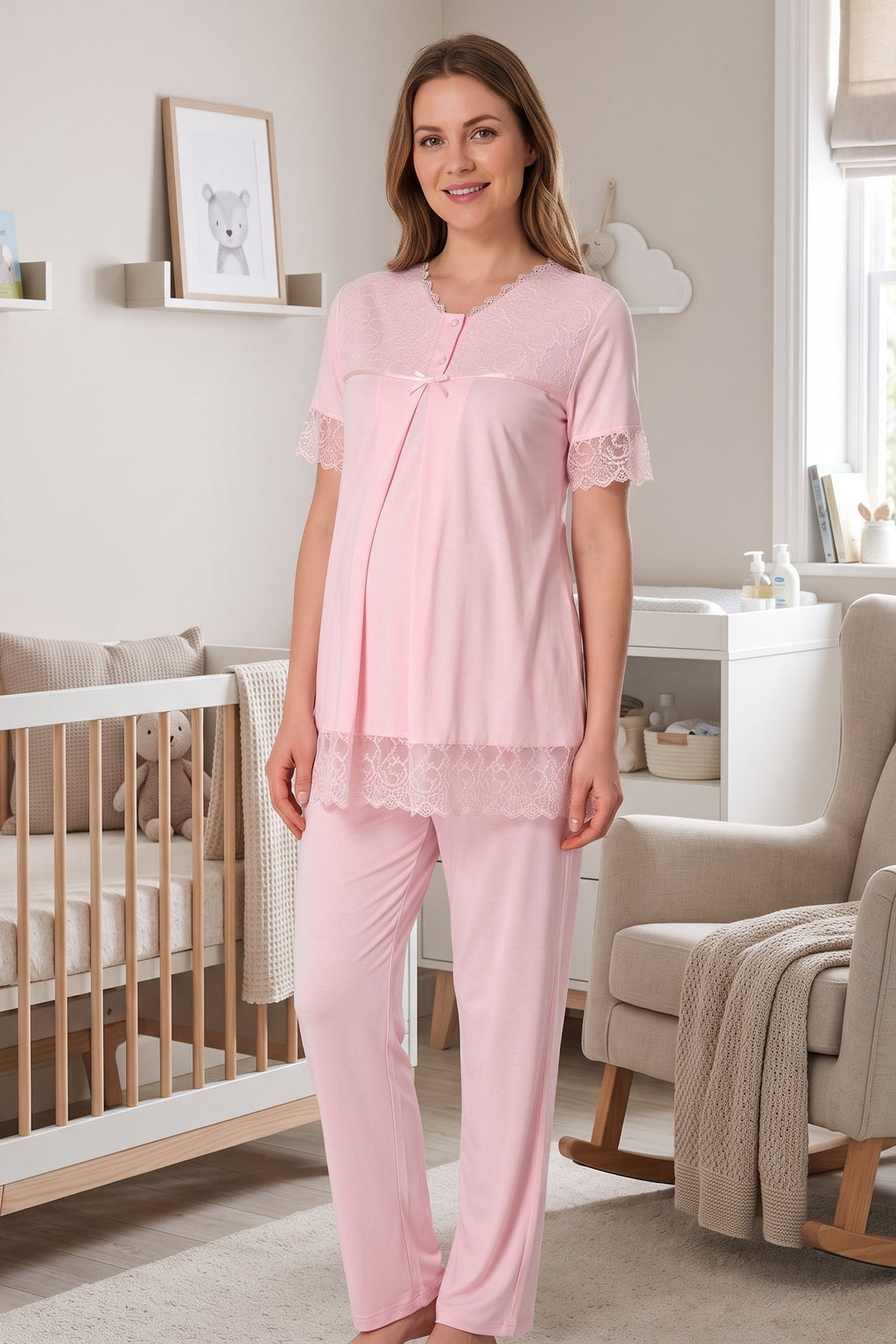 Lace Trim Maternity & Nursing Pajama Set Pink - 5042