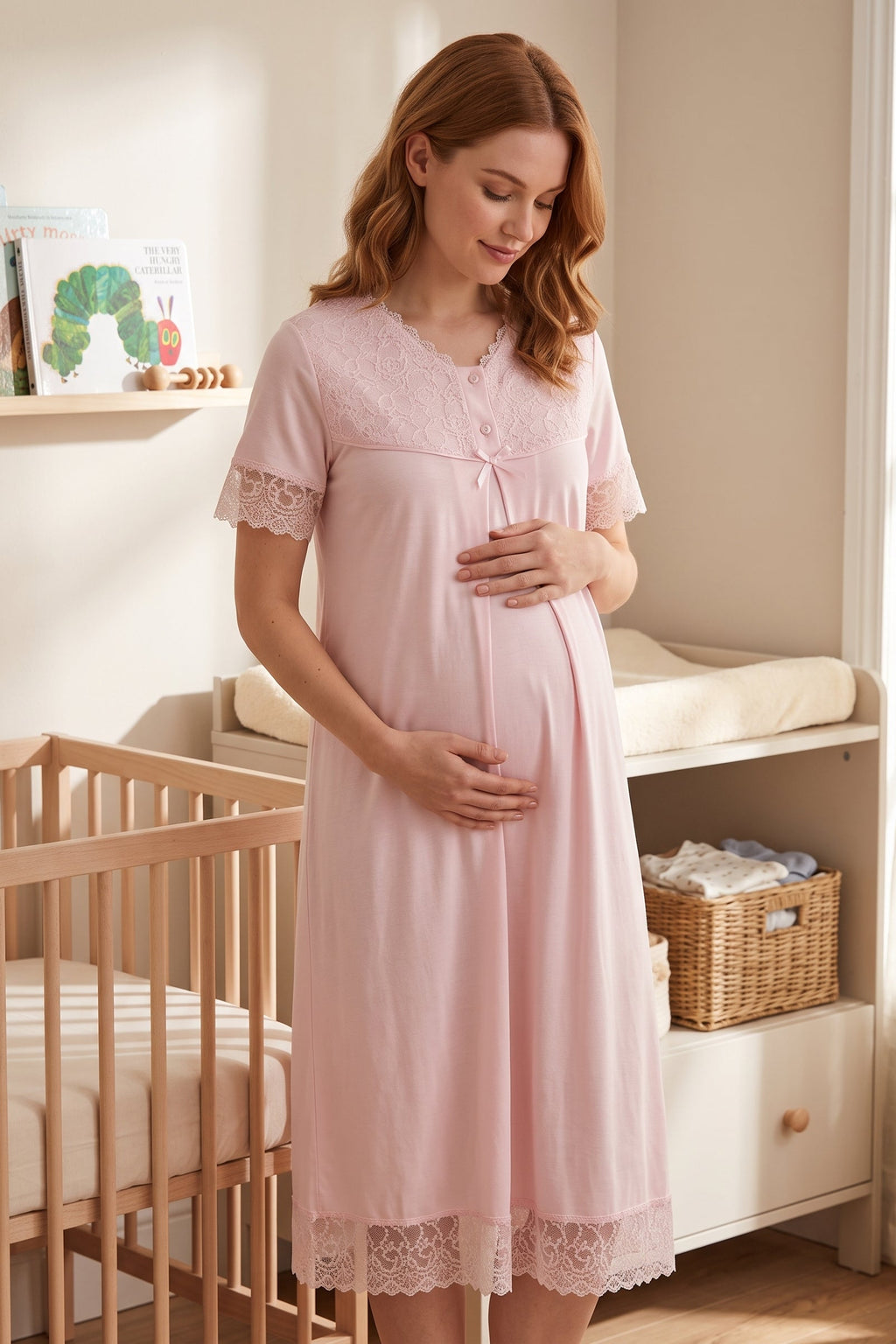 Lace Trim Maternity & Nursing Nightgown Pink - 5043
