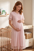 Lace Trim Maternity & Nursing Nightgown Pink - 5043
