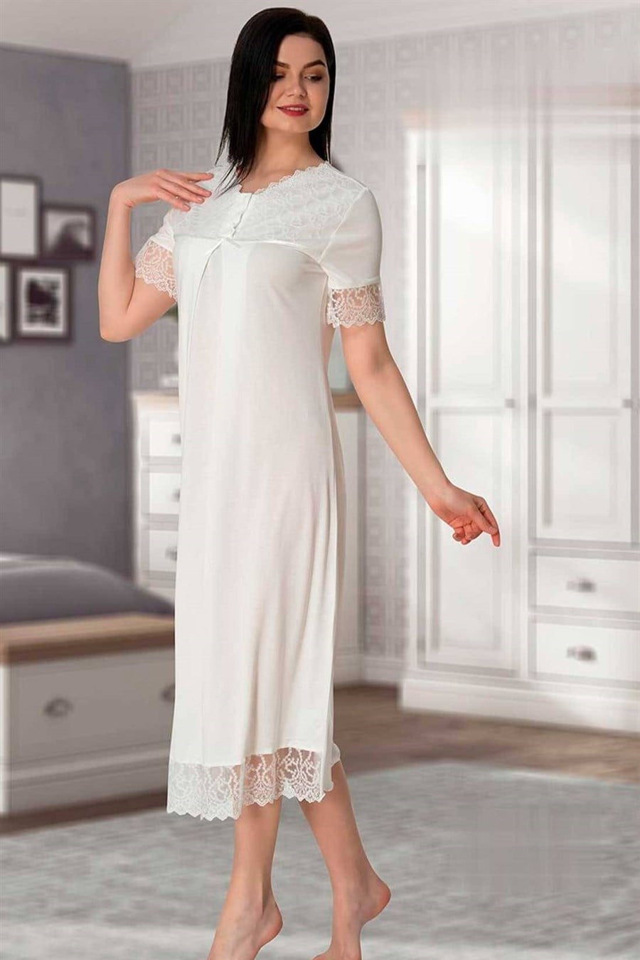 Lace Trim Maternity-Nursing Nightgown & Robe Set Ecru - 5045