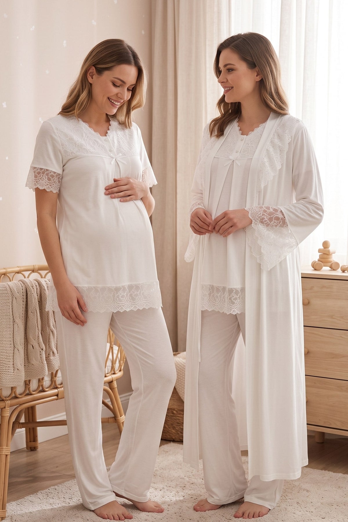 Lace Trim 3-Piece Maternity-Nursing Pajama & Robe Set Ecru - 5044