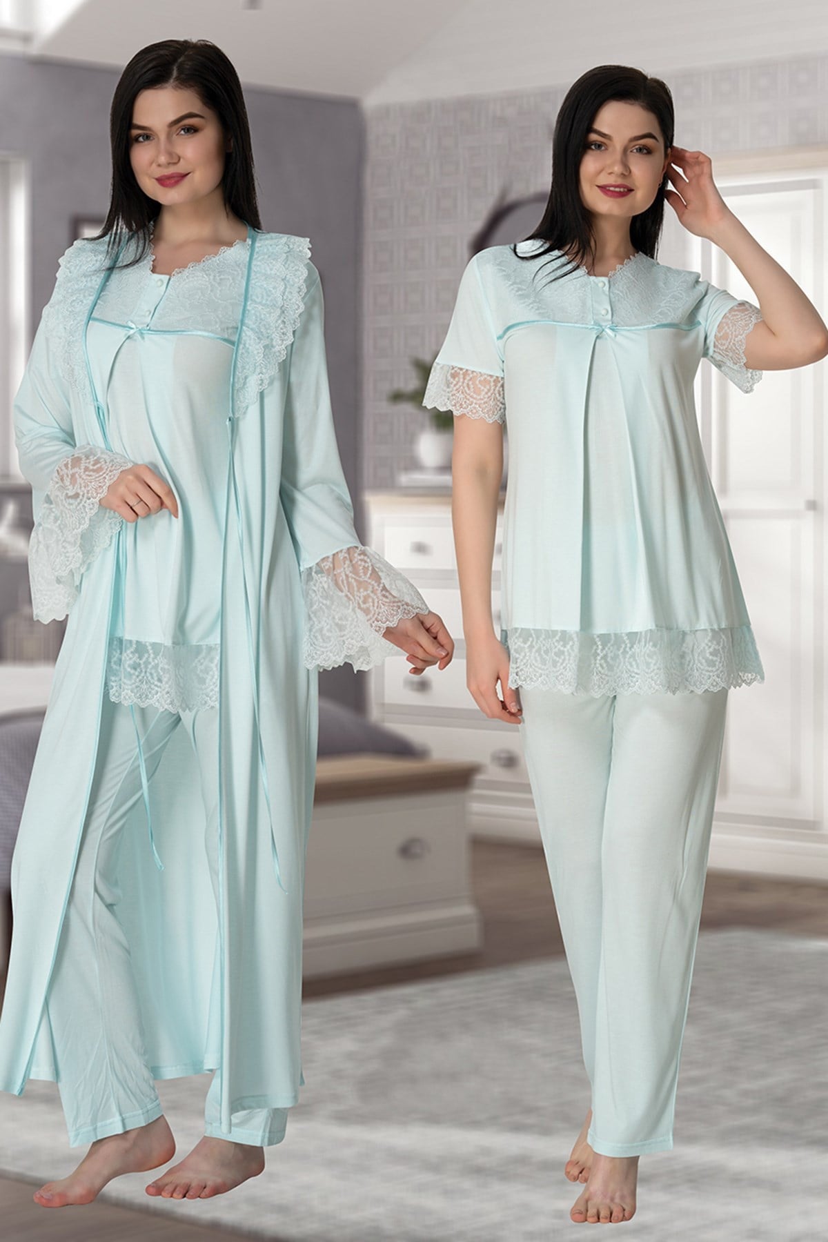 Lace Trim 3-Piece Maternity-Nursing Pajama & Robe Set Turquoise - 5044