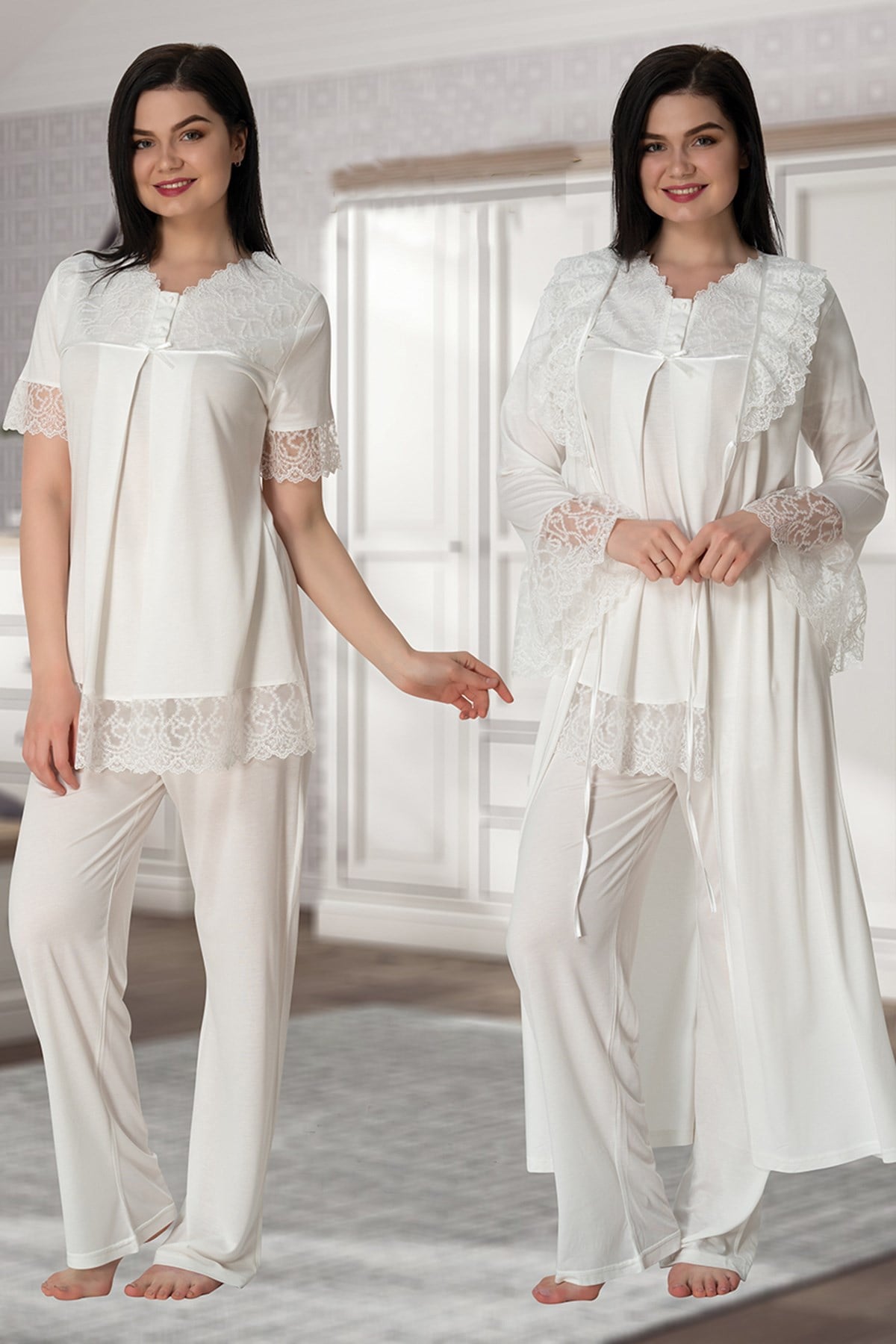 Lace Trim 3-Piece Maternity-Nursing Pajama & Robe Set Ecru - 5044