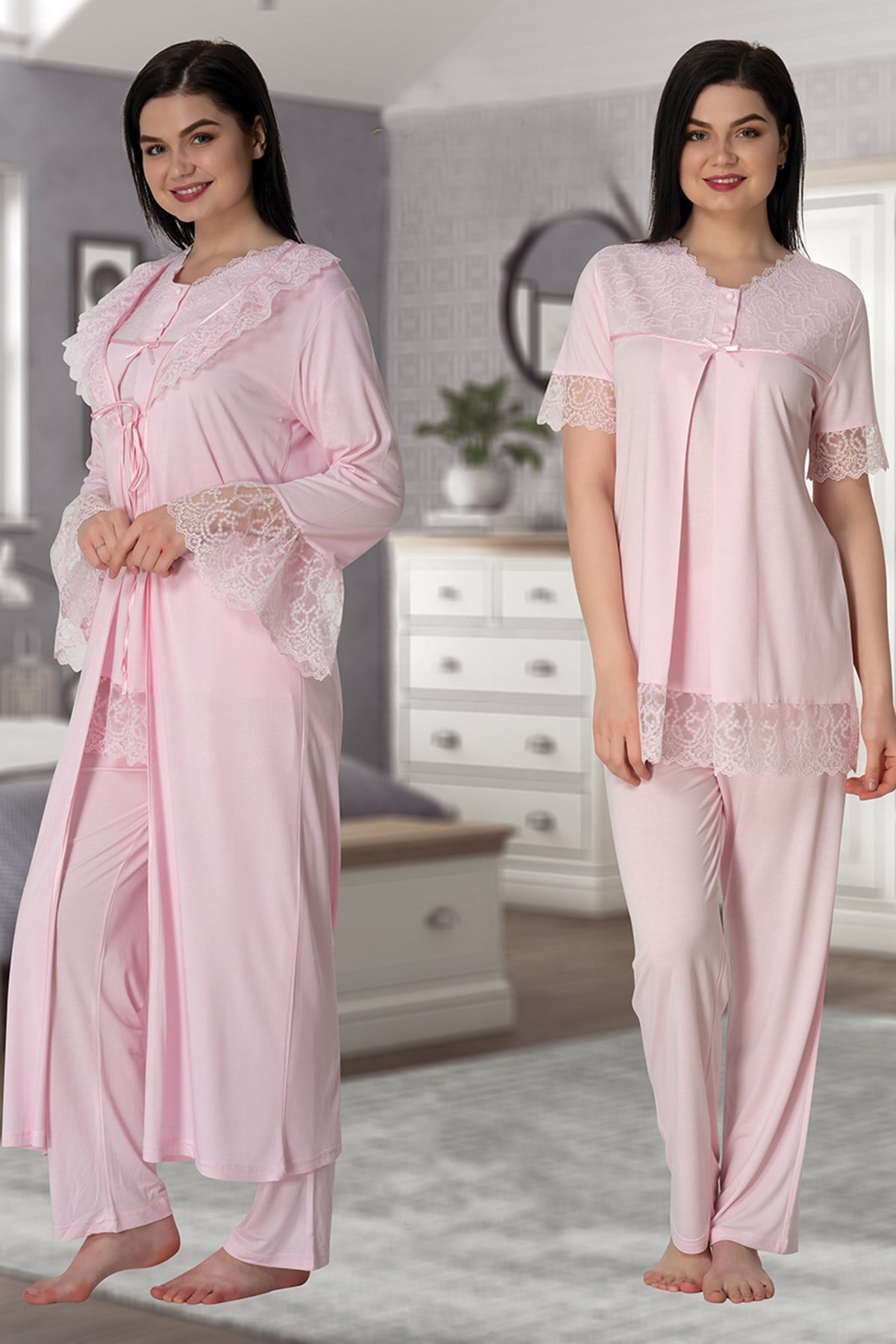 Lace Trim 3-Piece Maternity-Nursing Pajama & Robe Set Pink - 5044