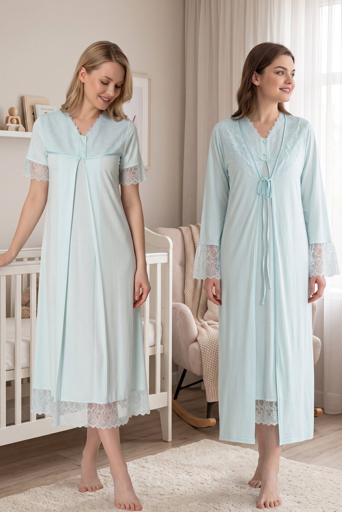 Lace Trim Maternity-Nursing Nightgown & Robe Set Turquoise - 5045