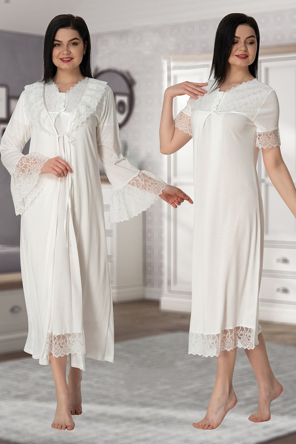 Lace Trim Maternity-Nursing Nightgown & Robe Set Ecru - 5045