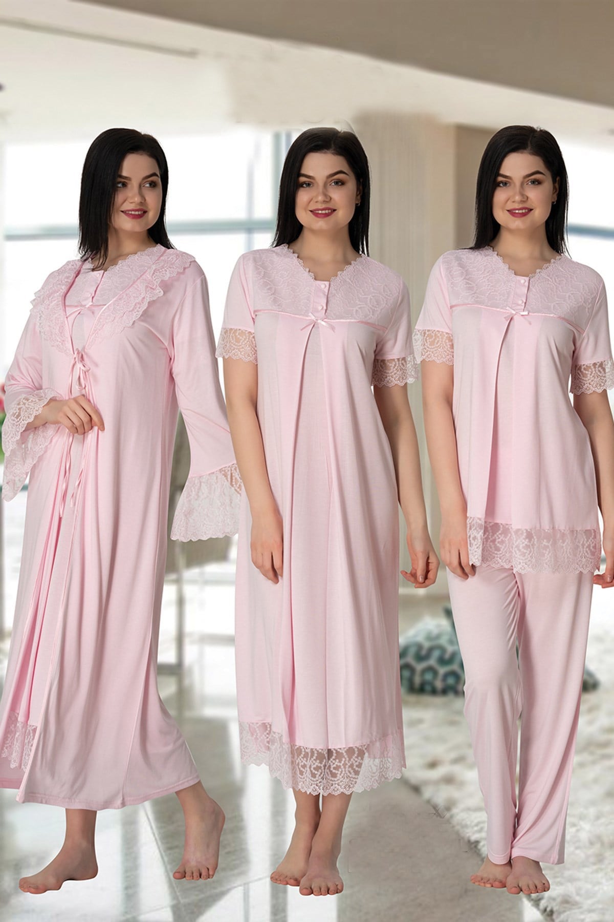 Lace Trim 4-Piece Maternity-Nursing Set Pink - 5046