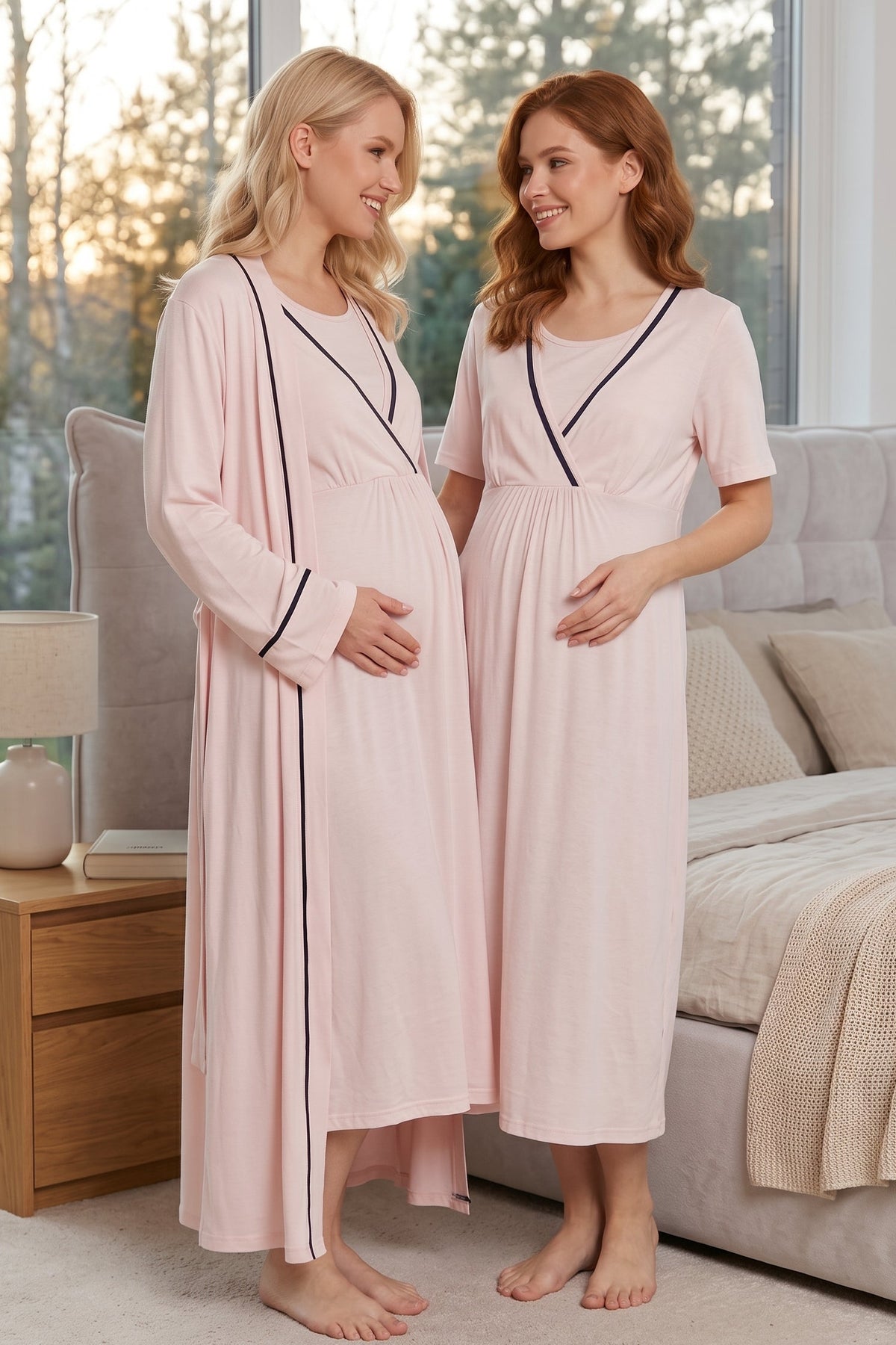 Striped Double Breasted Maternity Feeding-Friendly Nightgown & Robe Set Pink - L504