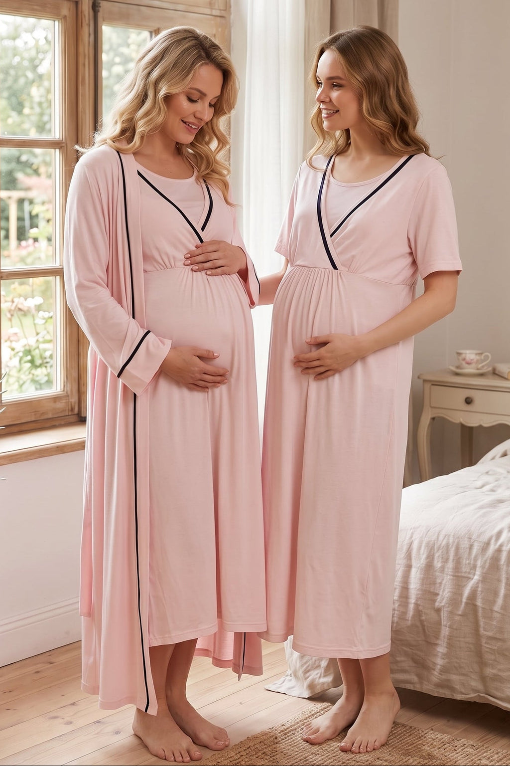 Striped Double Breasted Maternity Feeding-Friendly Nightgown & Robe Set Pink - L504