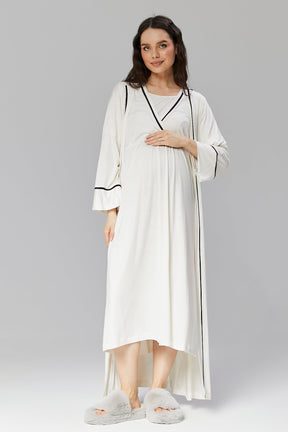 Striped Double Breasted Maternity-Nursing Nightgown & Robe Set Ecru - 505