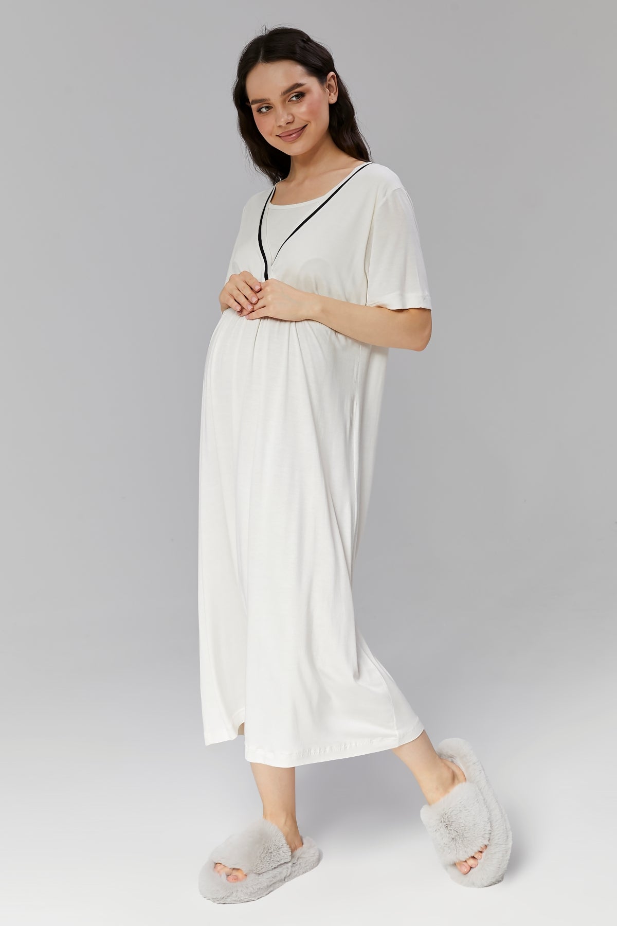 Striped Double Breasted Maternity-Nursing Nightgown & Robe Set Ecru - 505