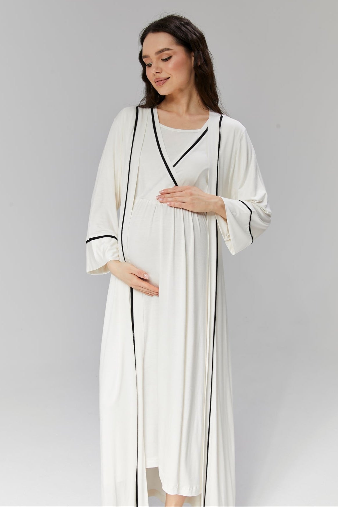 Striped Double Breasted Maternity-Nursing Nightgown & Robe Set Ecru - 505
