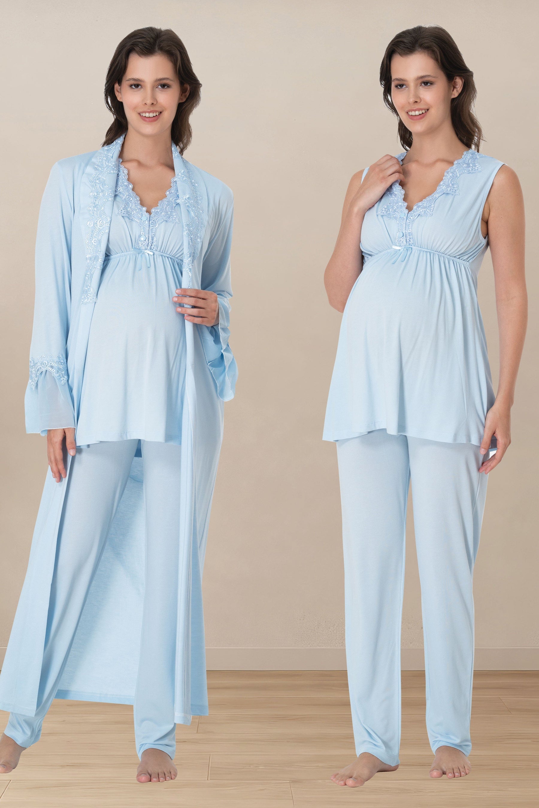 Elegant Lace Collar 3-Piece Maternity-Nursing Pajama & Robe Set Blue - 5064