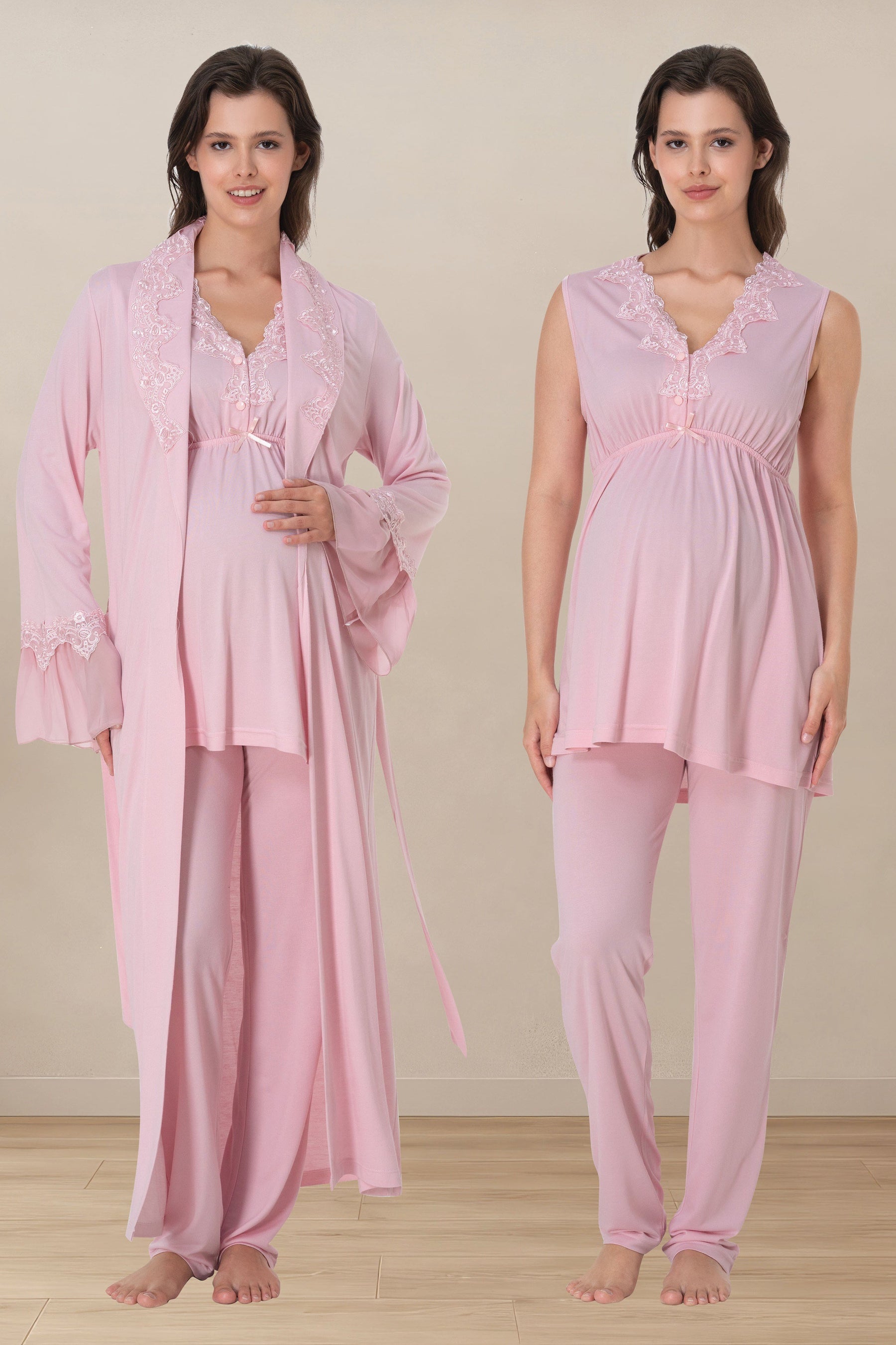 Elegant Lace Collar 3-Piece Maternity-Nursing Pajama & Robe Set Pink - 5064