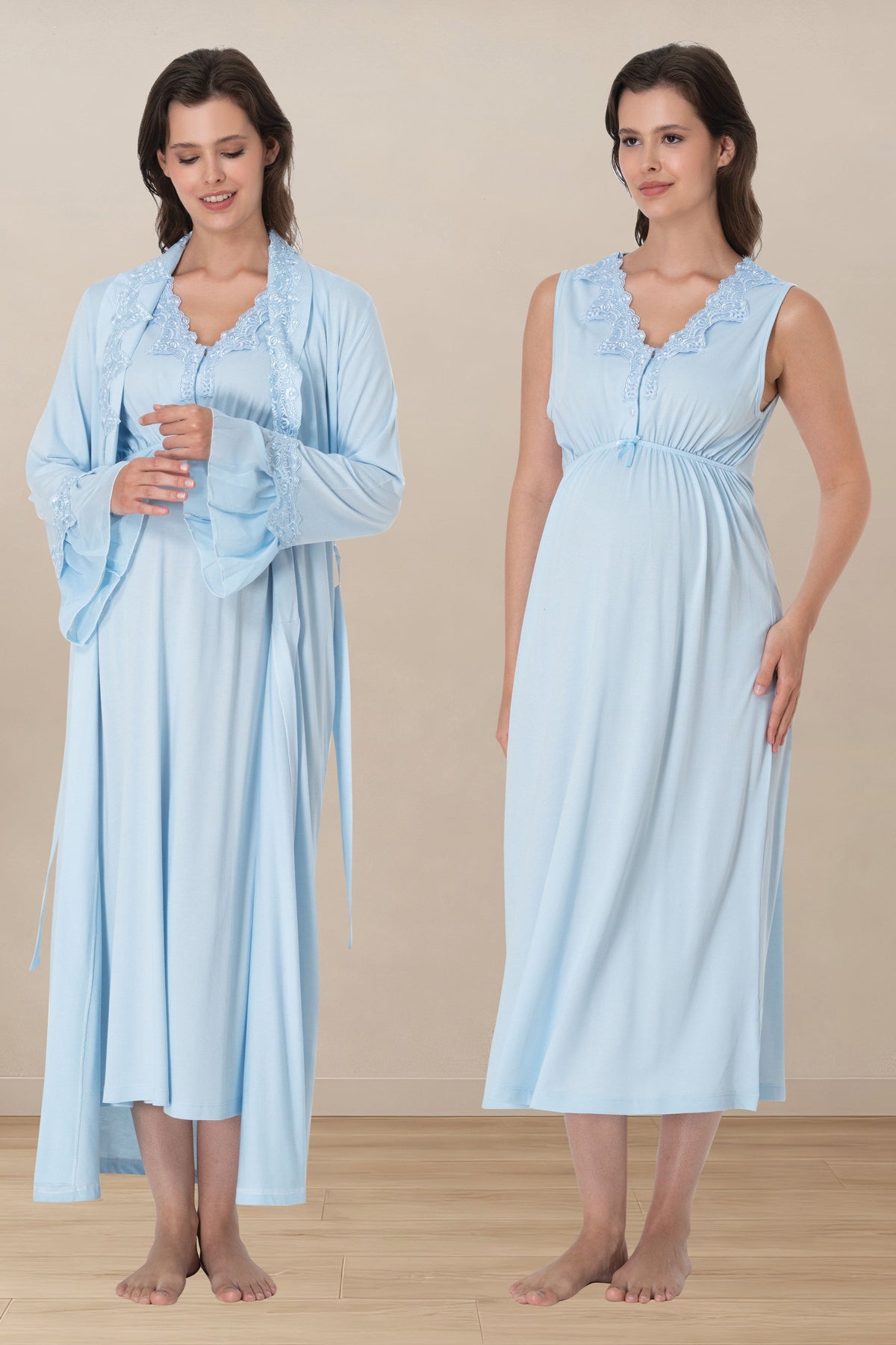 Elegant Lace Collar Maternity-Nursing Nightgown & Robe Set Blue - 5065