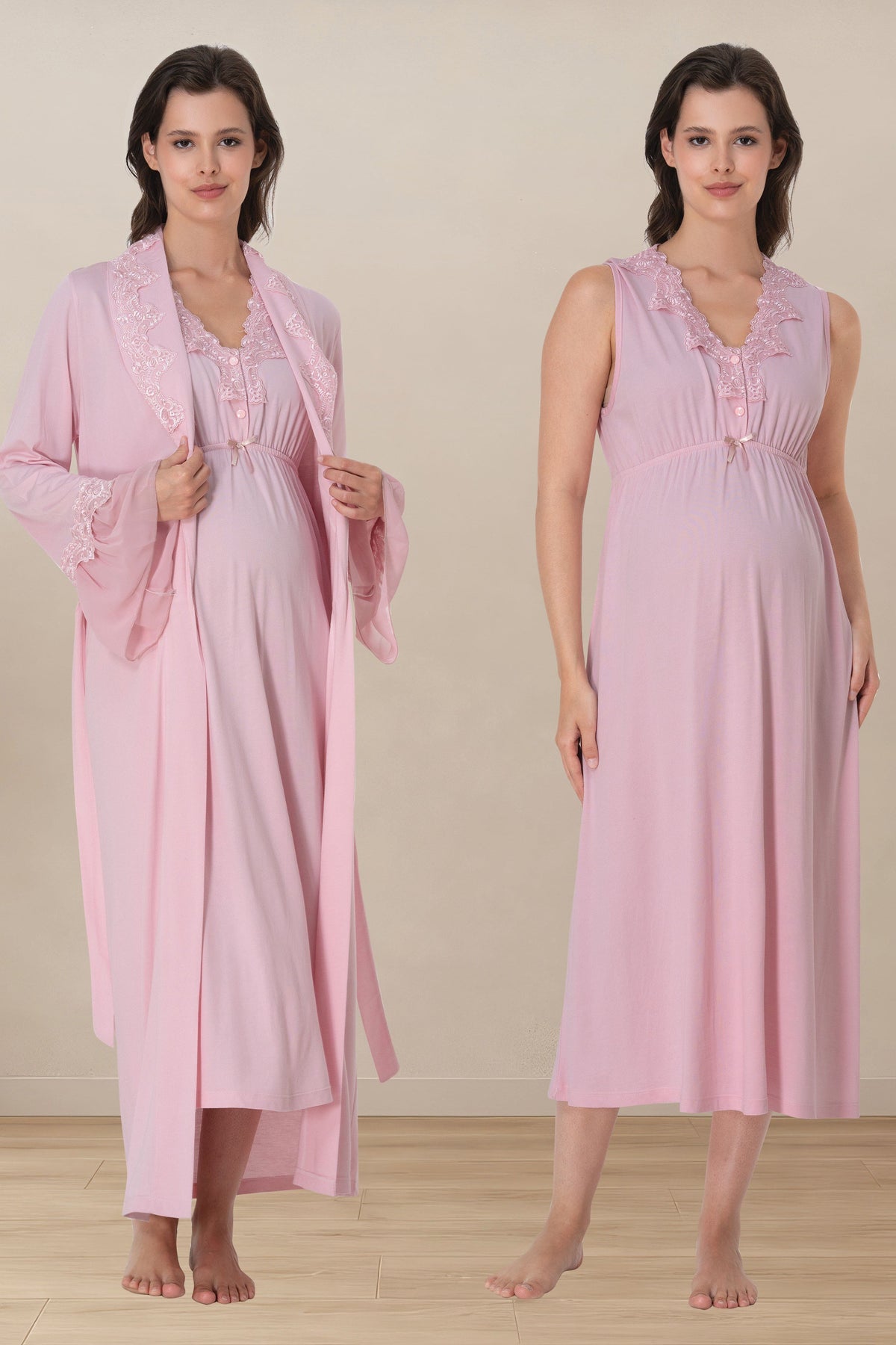 Elegant Lace Collar Maternity-Nursing Nightgown & Robe Set Pink - 5065