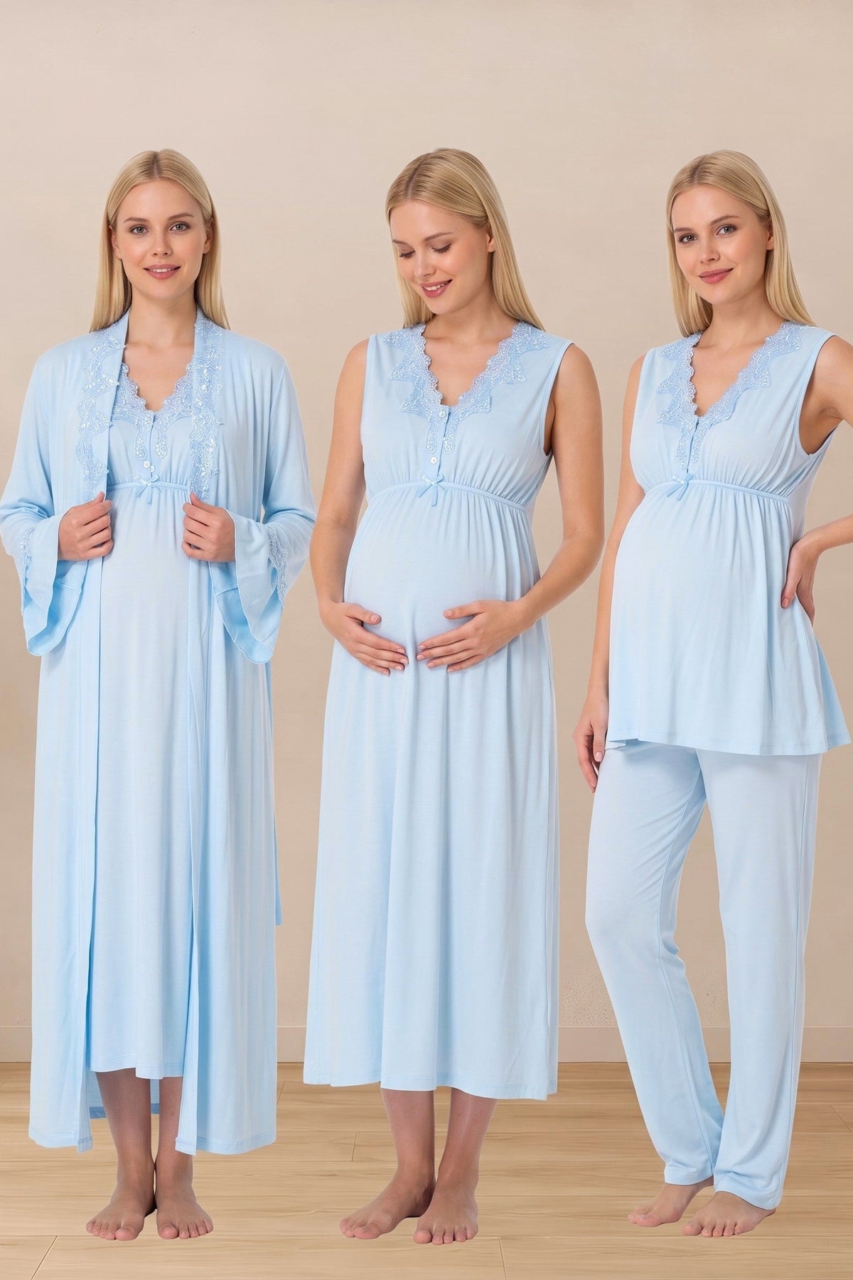 Elegant Lace Collar 4-Piece Maternity-Nursing Set Blue - 5066