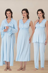 Elegant Lace Collar 4-Piece Maternity-Nursing Set Blue - 5066