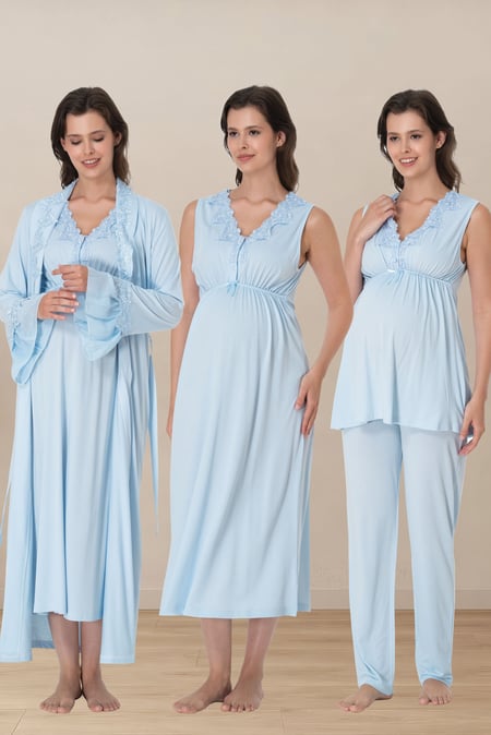 Elegant Lace Collar 4-Piece Maternity-Nursing Set Blue - 5066