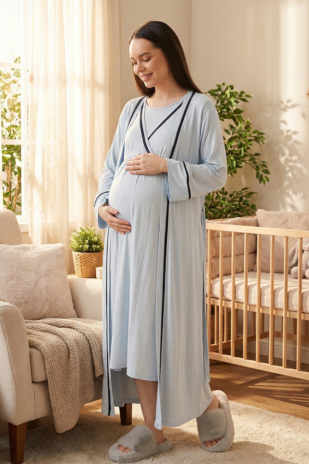 Striped Double Breasted Maternity-Nursing Nightgown & Robe Set Blue - 506