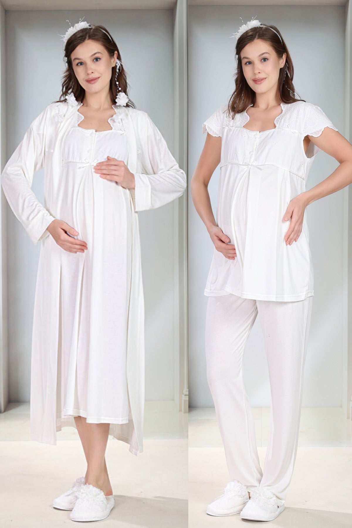 Eyelet Lace 4-Piece Maternity-Nursing Set Ecru - 5086