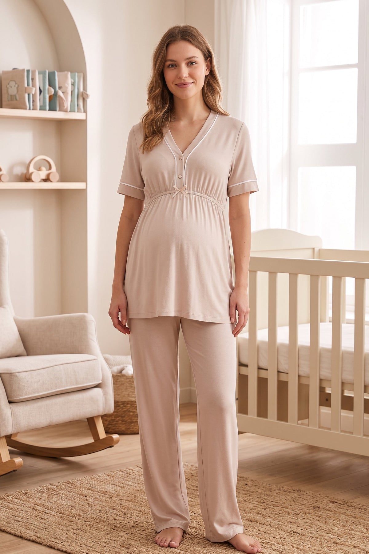 Piped V-Neck Maternity Feeding-Friendly Pajama Set Beige - T5092