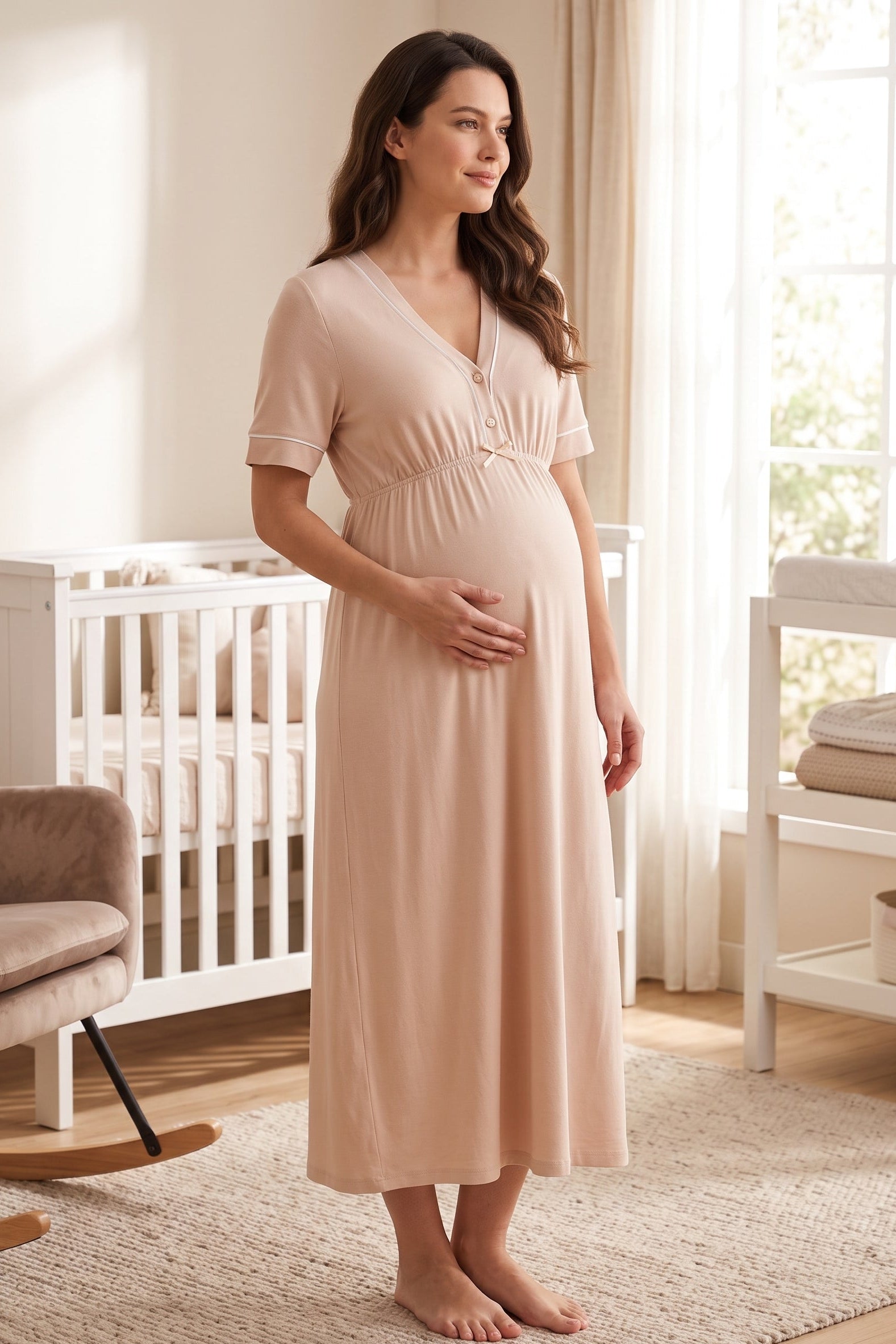 Piped V-Neck Maternity & Nursing Nightgown Beige - 5093