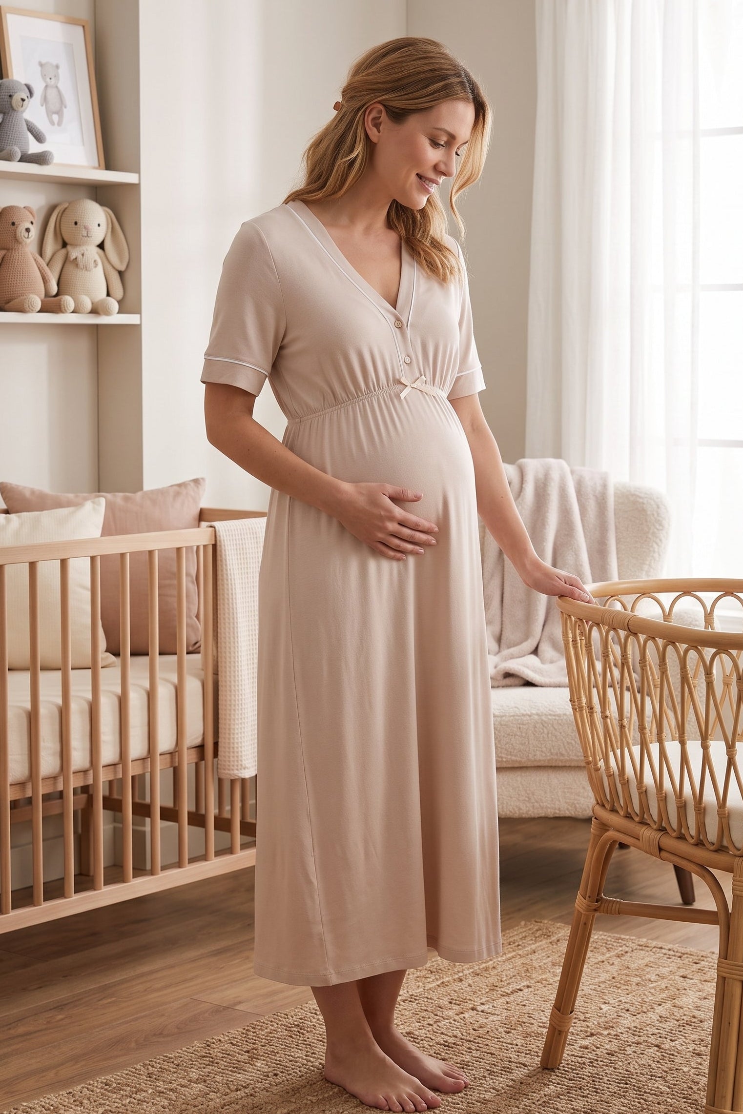 Piped V-Neck Maternity & Nursing Nightgown Beige - 5093