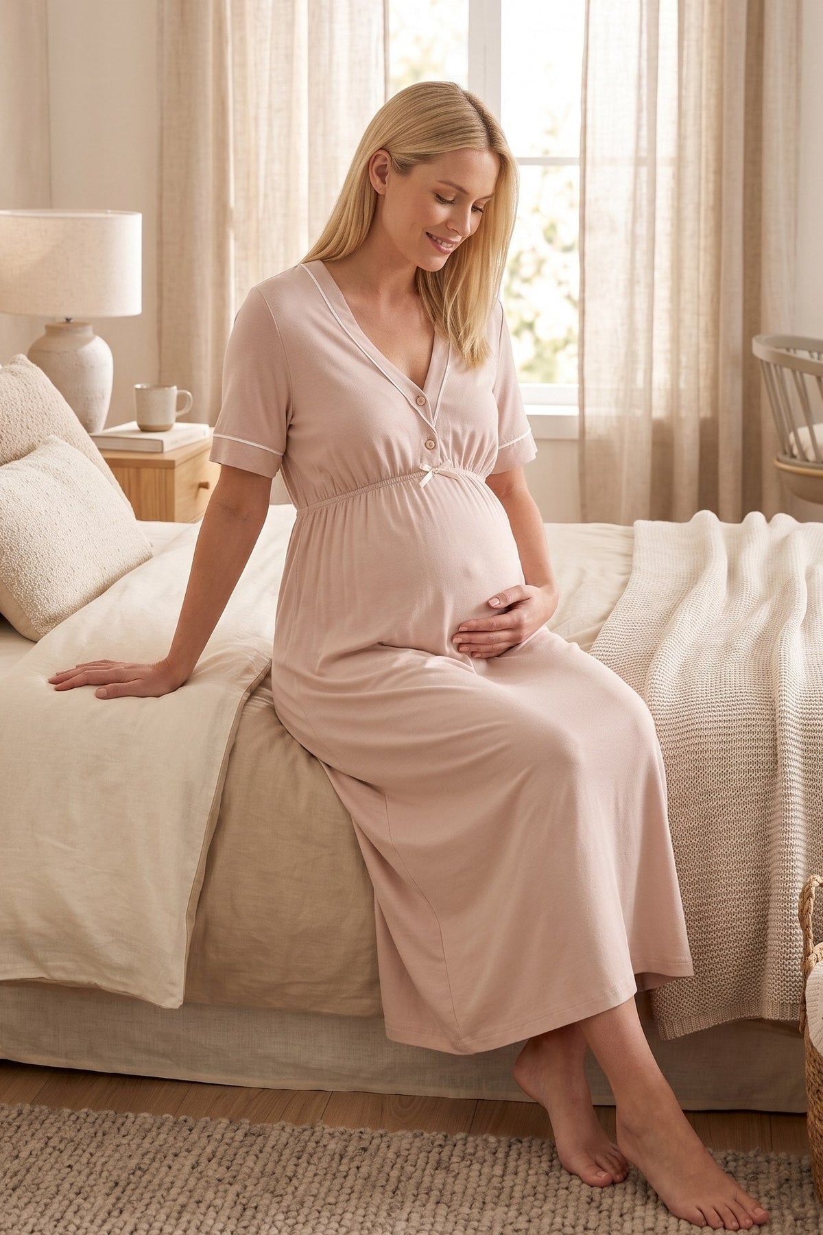 Piped V-Neck Maternity & Nursing Nightgown Beige - 5093