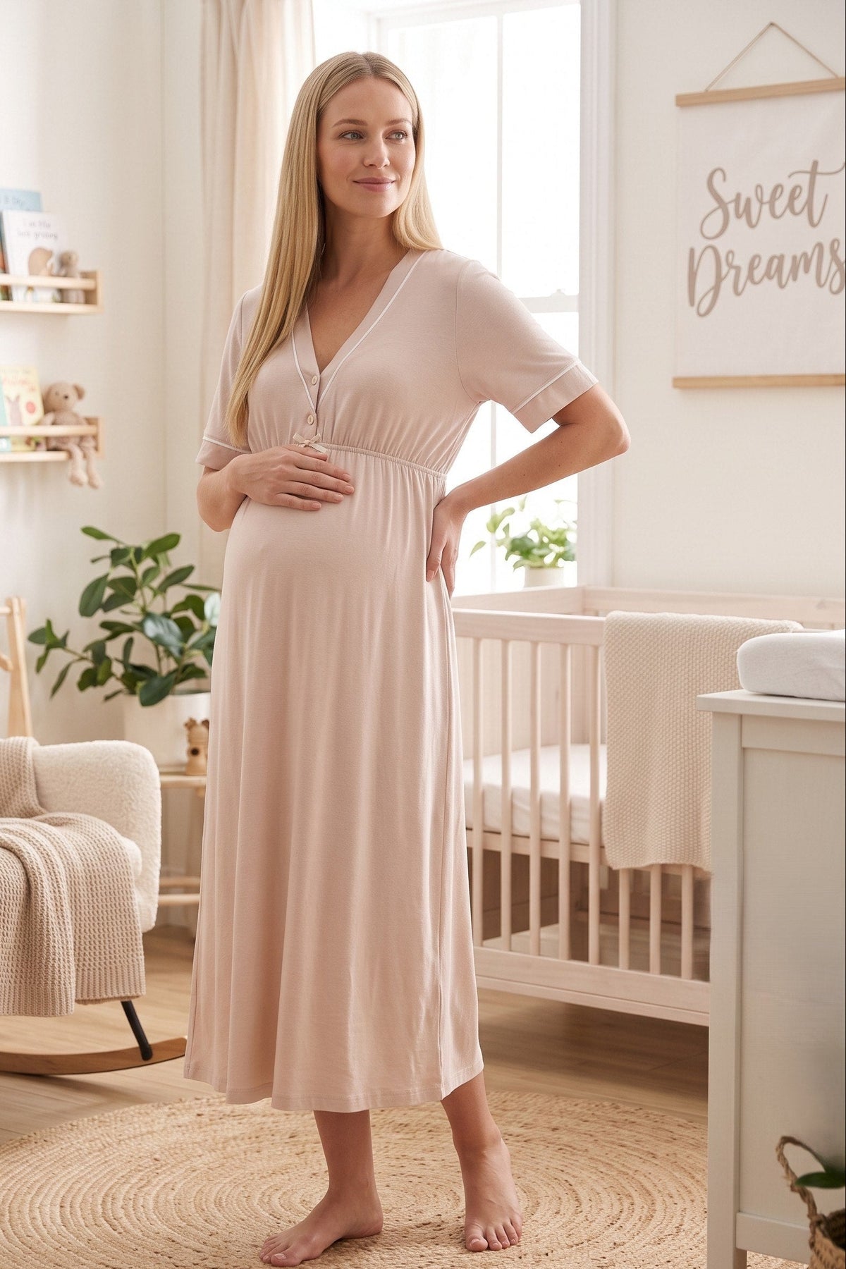 Piped V-Neck Maternity & Nursing Nightgown Beige - 5093