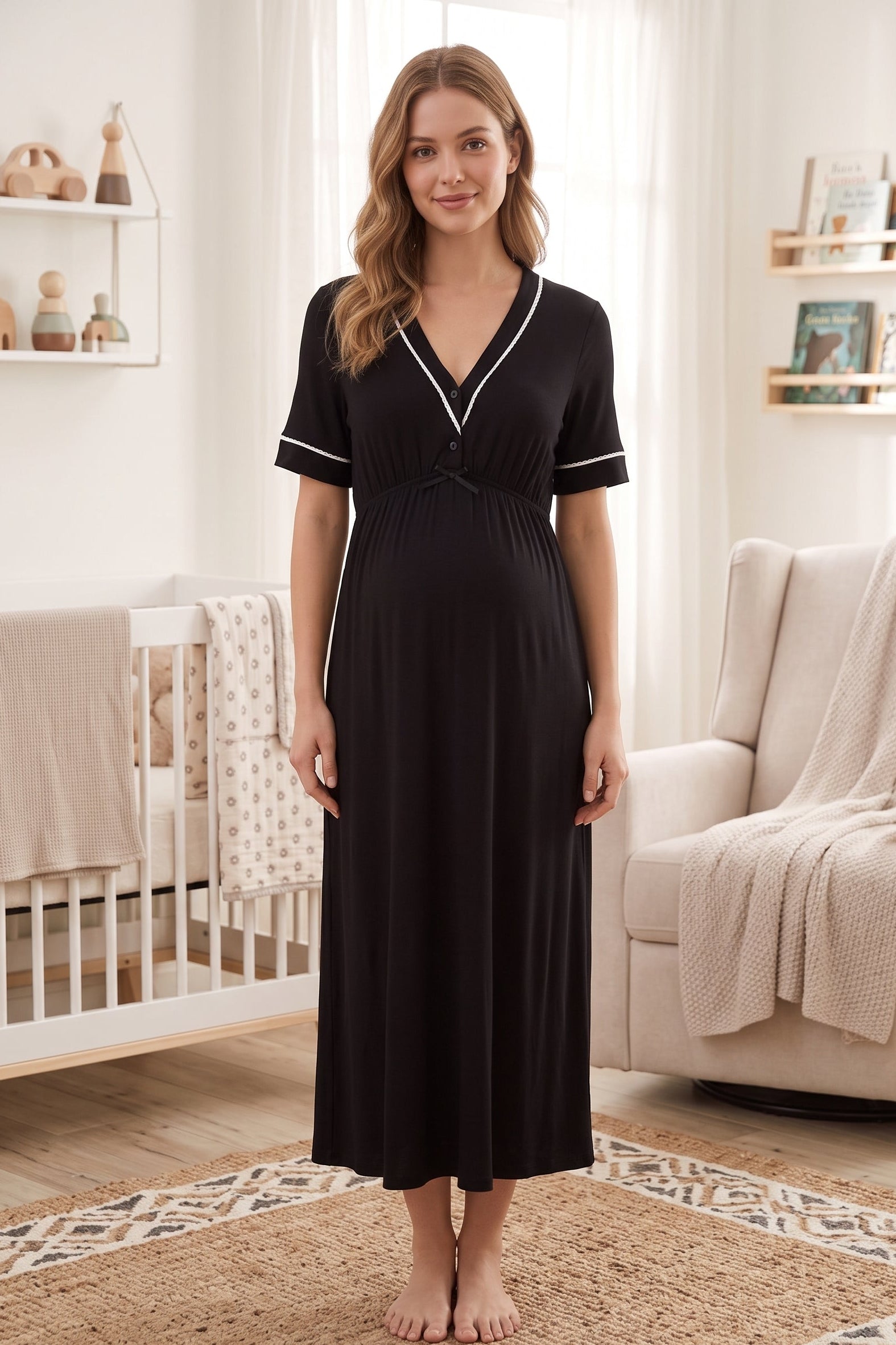 Piped V-Neck Maternity & Nursing Nightgown Black - 5093