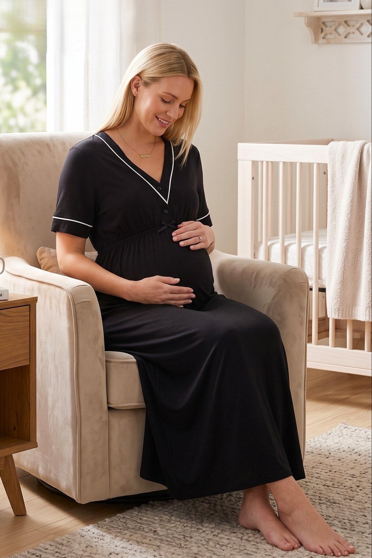 Piped V-Neck Maternity & Nursing Nightgown Black - 5093