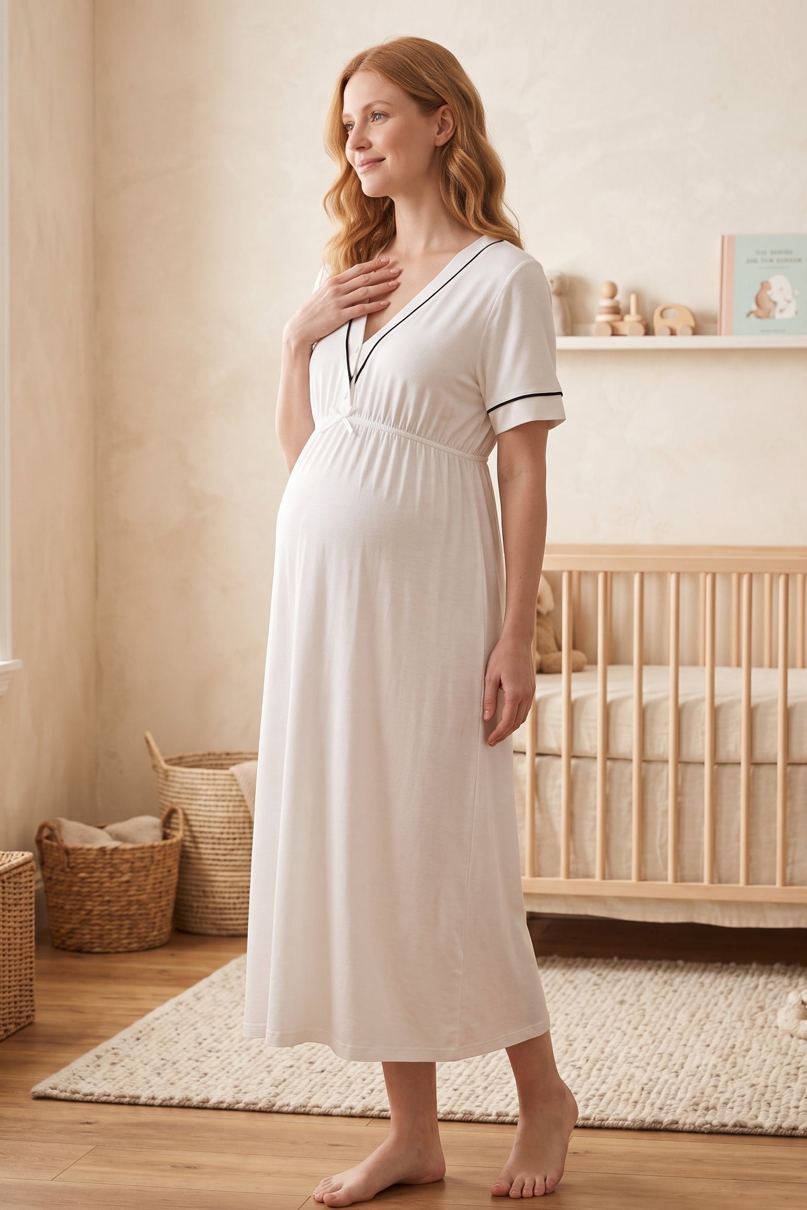 Piped V-Neck Maternity & Nursing Nightgown Ecru - 5093