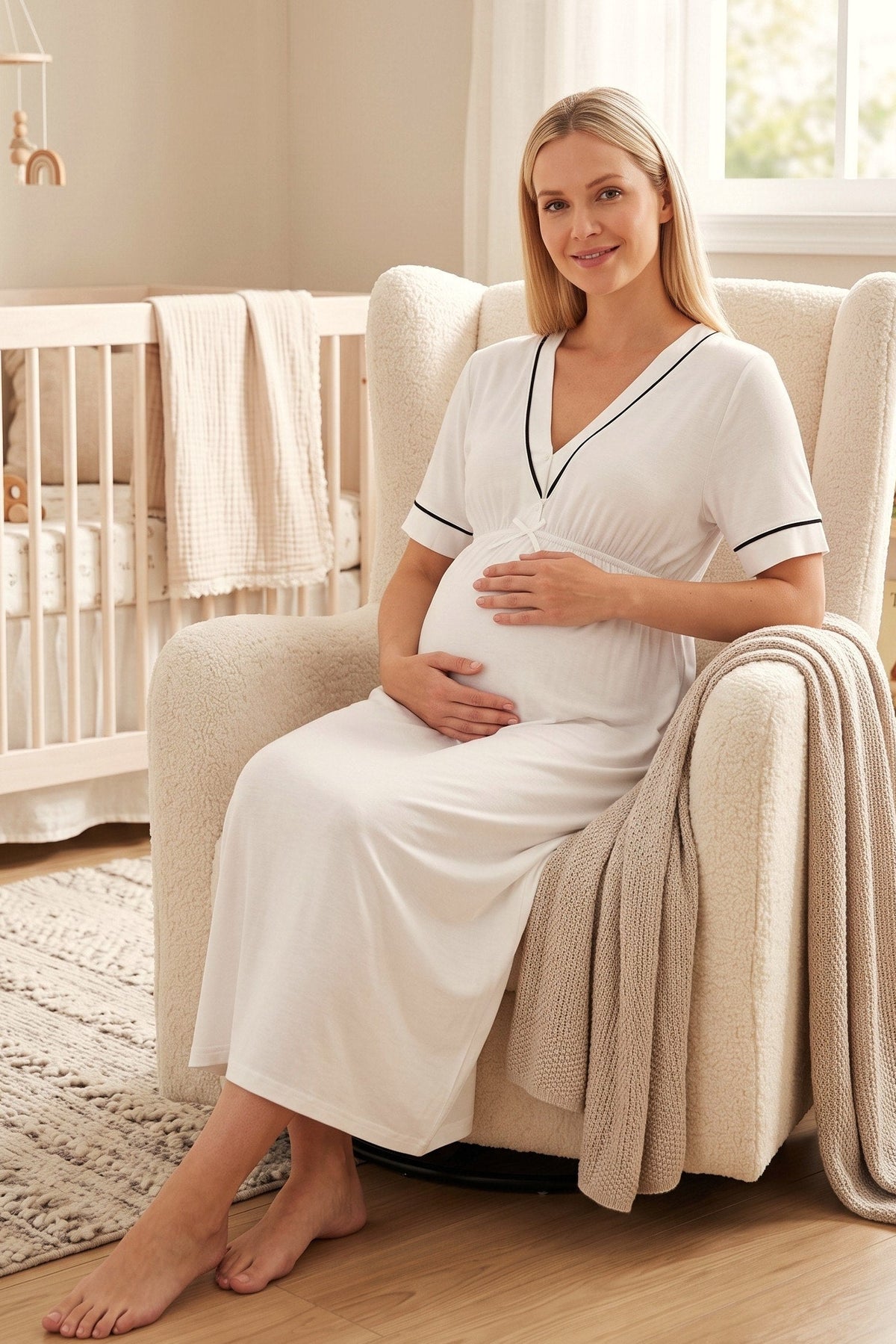 Piped V-Neck Maternity & Nursing Nightgown Ecru - 5093