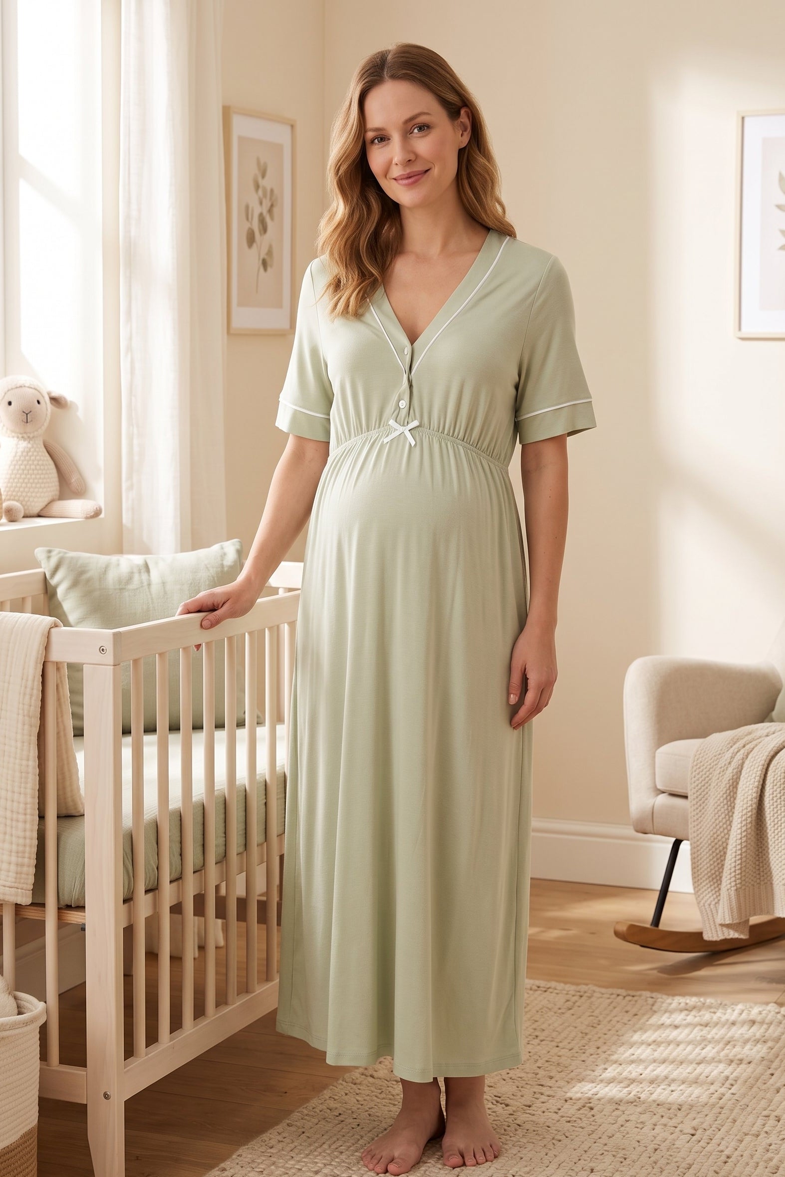 Piped V-Neck Maternity & Nursing Nightgown Green - 5093