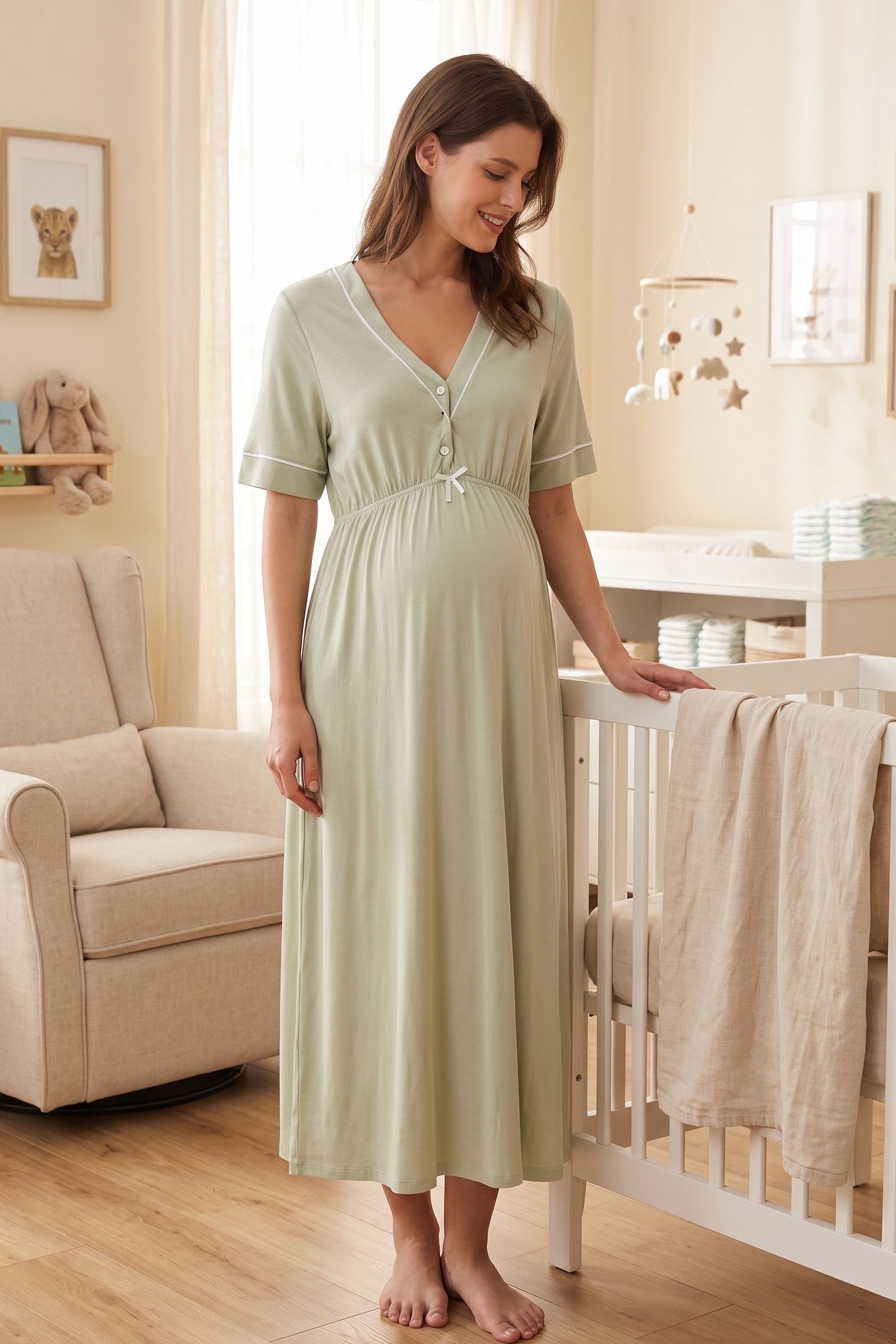 Piped V-Neck Maternity & Nursing Nightgown Green - 5093