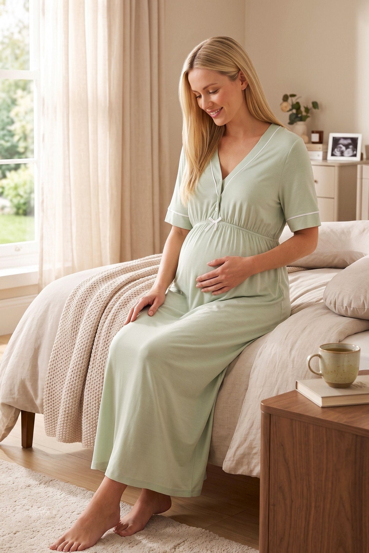 Piped V-Neck Maternity & Nursing Nightgown Green - 5093