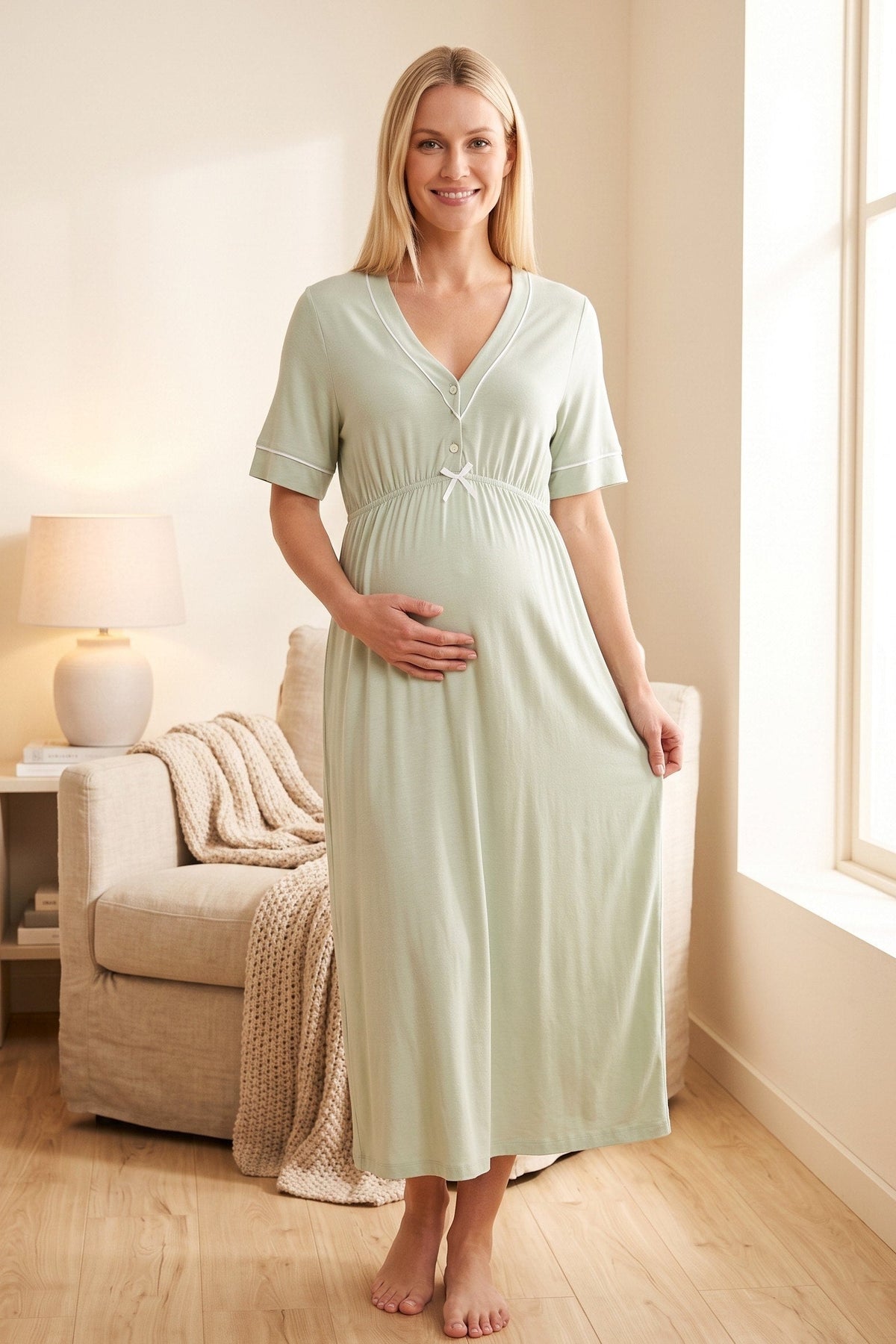 Piped V-Neck Maternity & Nursing Nightgown Green - 5093