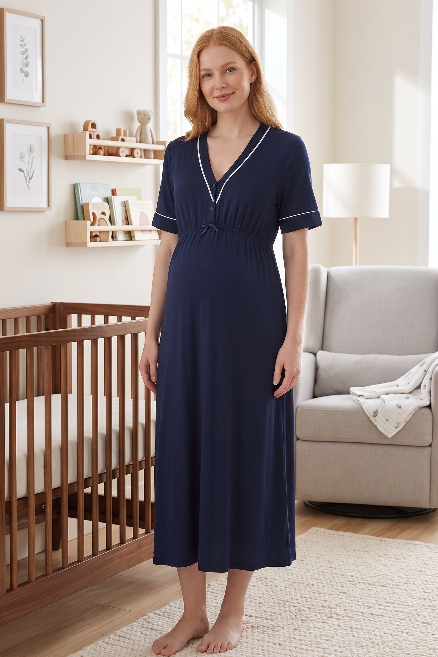 Piped V-Neck Maternity & Nursing Nightgown Navy Blue - 5093
