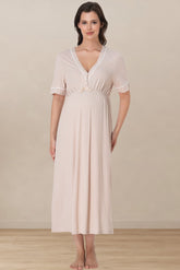 Piped V-Neck Maternity & Nursing Nightgown Beige - 5093
