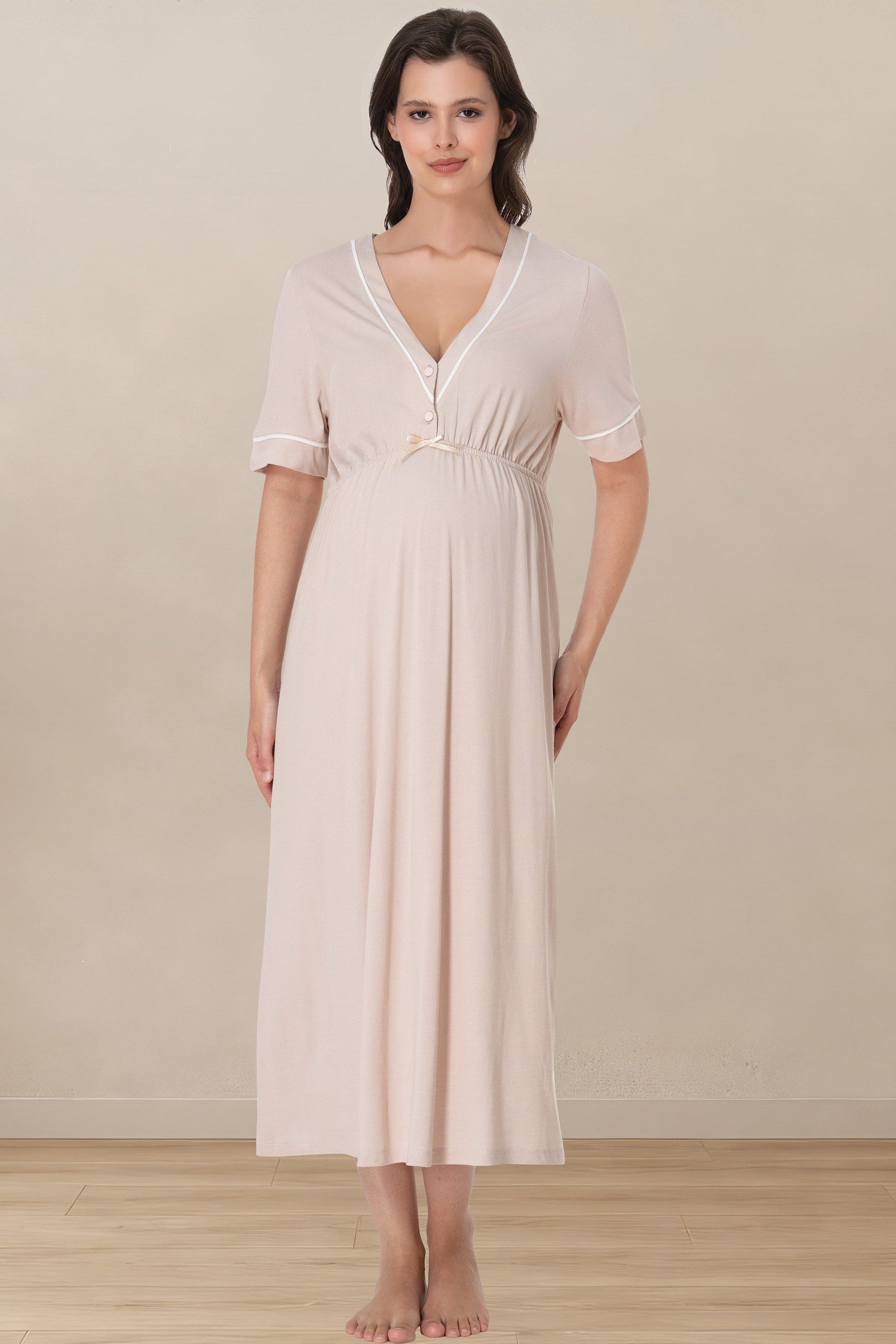 Piped V-Neck Maternity & Nursing Nightgown Beige - 5093