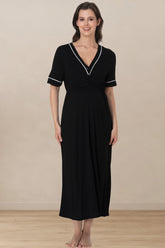 Piped V-Neck Maternity & Nursing Nightgown Black - 5093