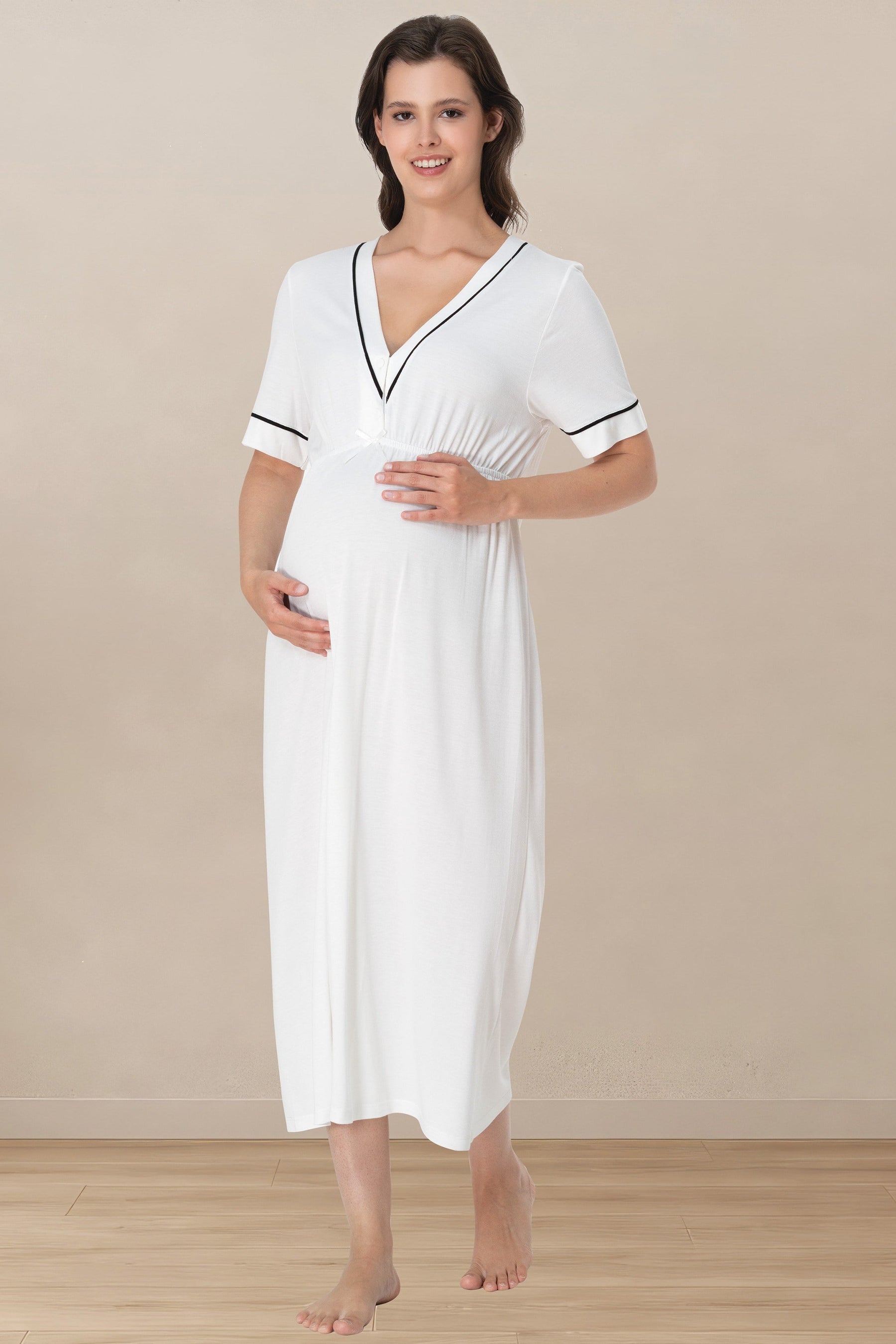 Piped V-Neck Maternity & Nursing Nightgown Ecru - 5093