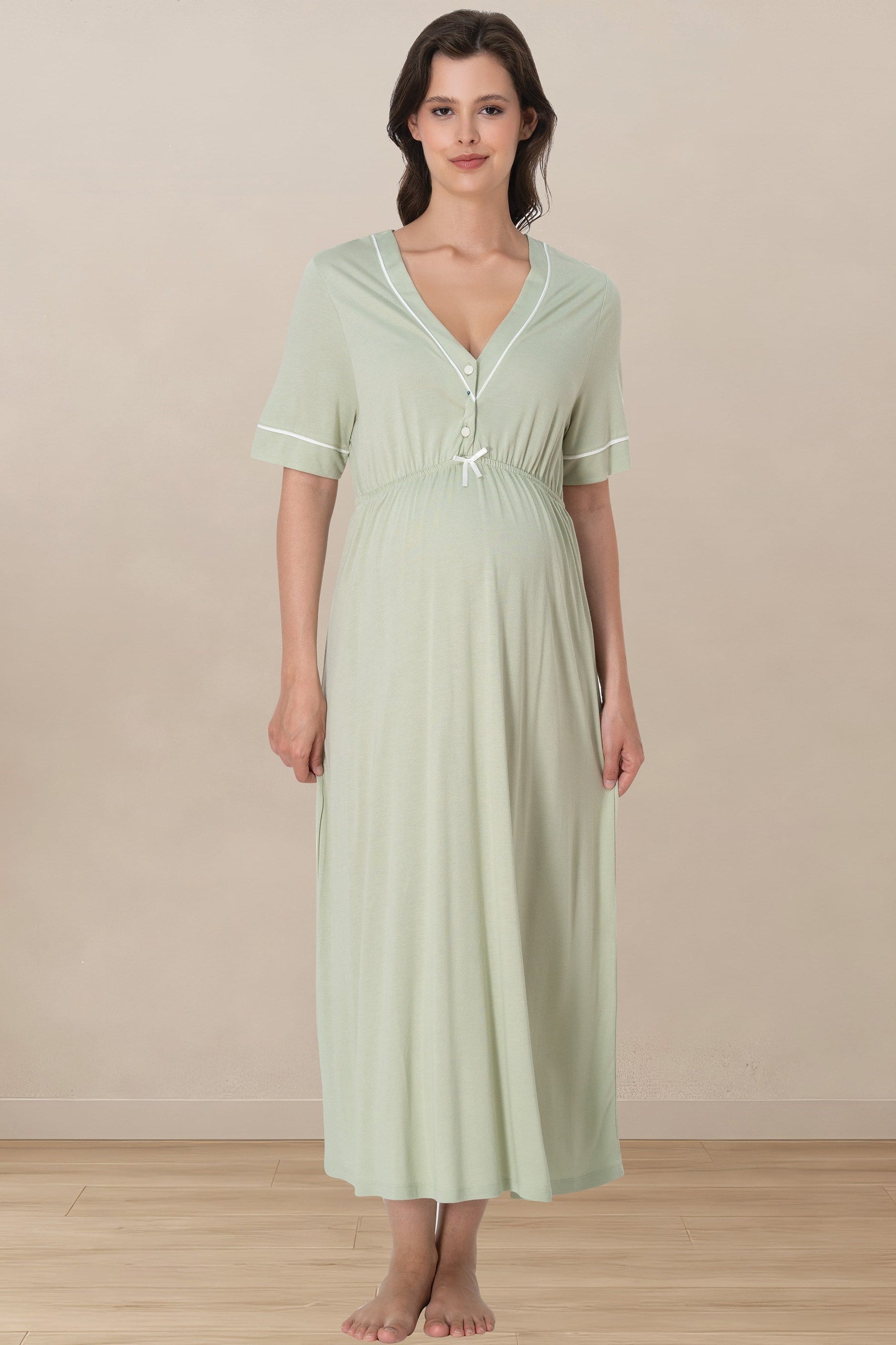 Piped V-Neck Maternity & Nursing Nightgown Green - 5093