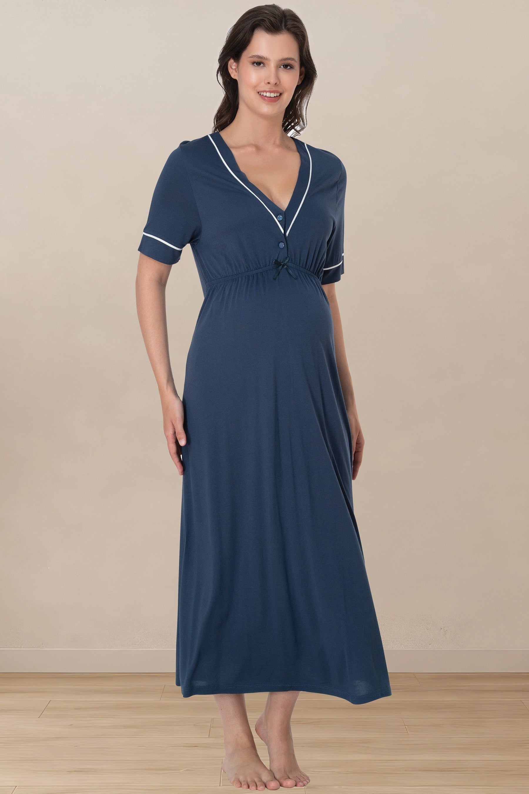 Piped V-Neck Maternity & Nursing Nightgown Indigo - 5093