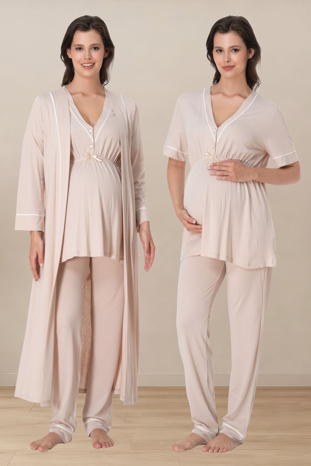 Piped V-Neck 3-Piece Maternity-Nursing Pajama & Robe Set Beige - 5094
