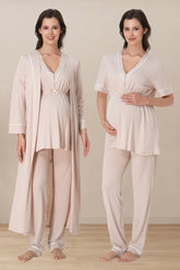 Piped V-Neck 3-Piece Maternity-Nursing Pajama & Robe Set Beige - 5094